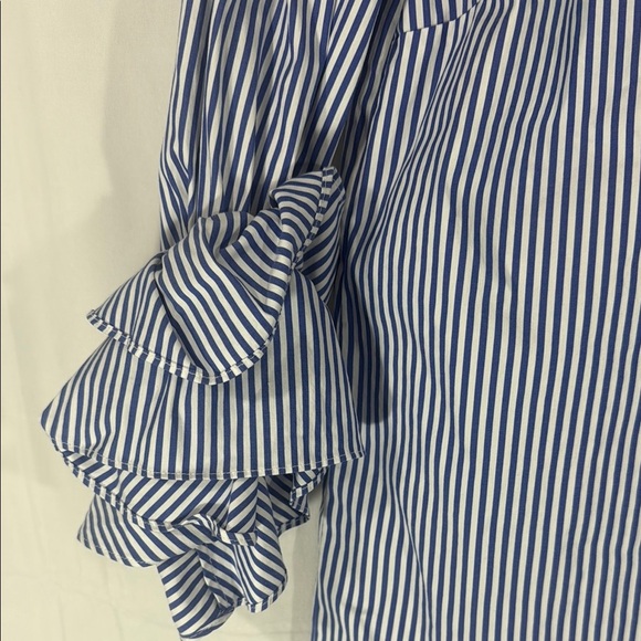 Lafayette 148 Blue and White Relaxed Ruffled Blouse Size XS - Picture 3 of 9